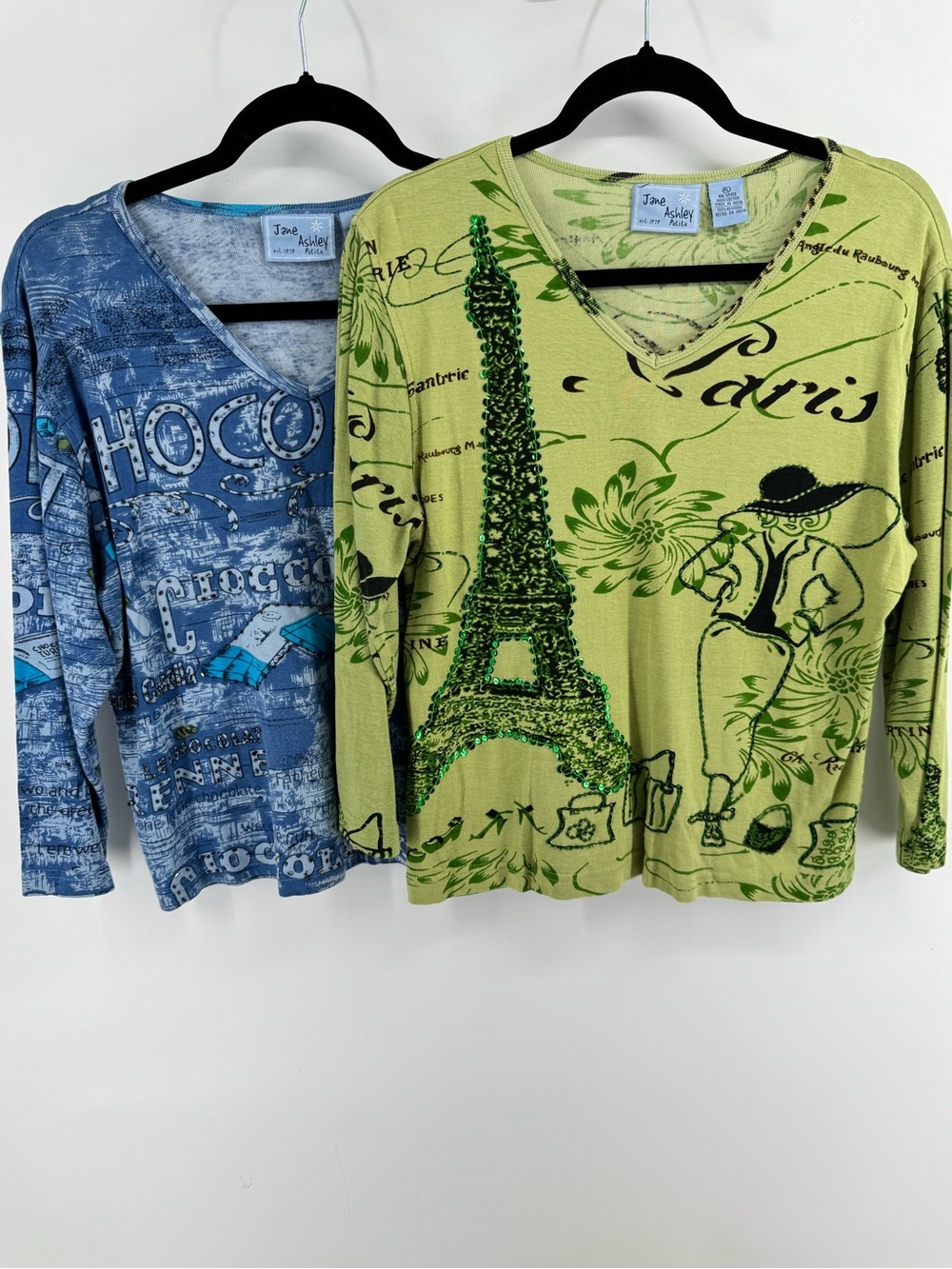 Vintage Jane Ashley Green Paris Graphic V-Neck Top & Chocolate Bundle Sz PL